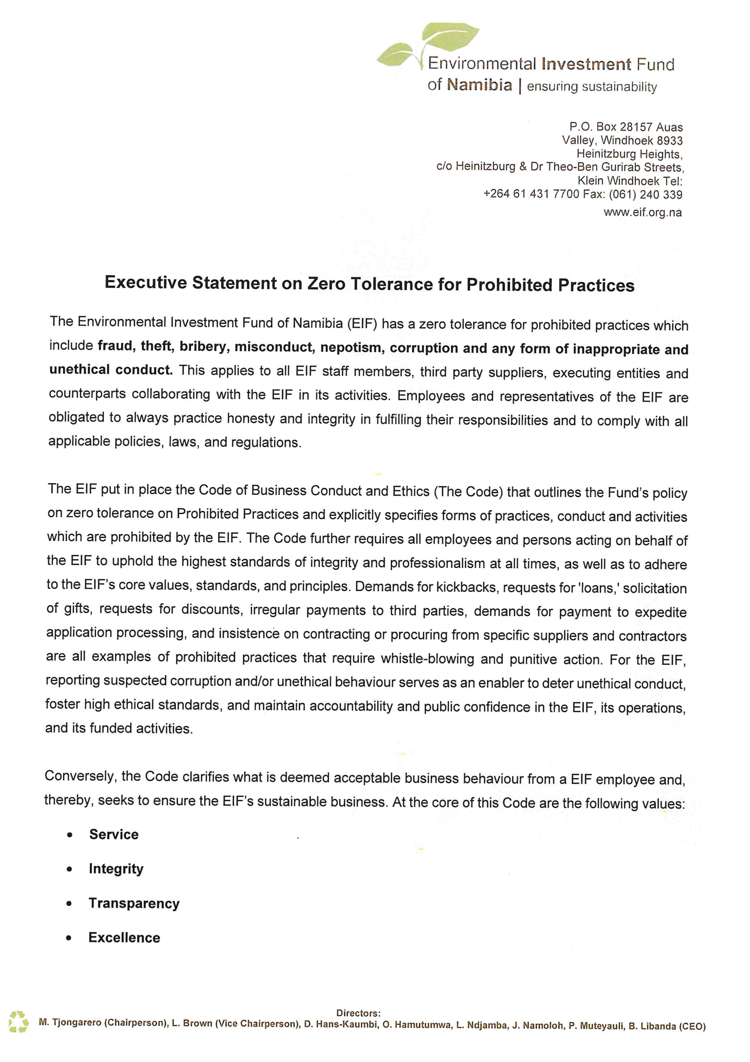 Statement on Financial Integrity